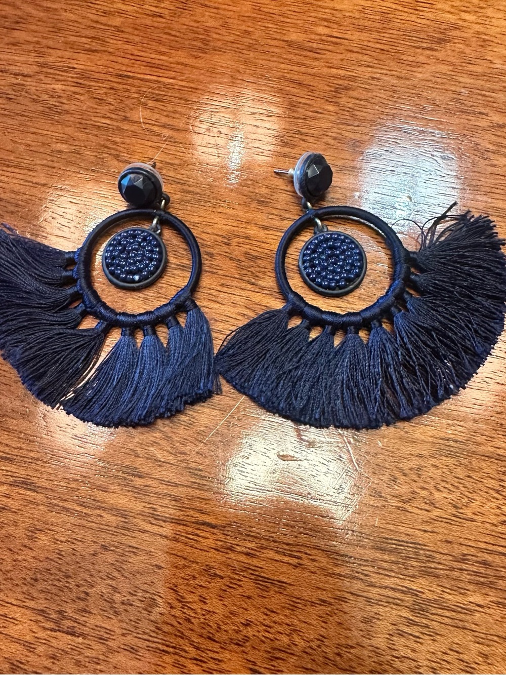 J.Crew Beaded Tassel Statement Earrings in a rich navy / night sky blue